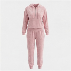 Women <b>Pink</b> Hooded <b>Tracksuit</b> Set Full Sleeve Solid Color Casual Jogger Pants With Side Pockets Midweight Polyester Autumn Wear - Product Image 1
