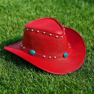 Chapeau de cowboy en cuir véritable rouge, style unique OEM, fait main, avec pierres turquoise, cadeau pour elle - Product Image 5
