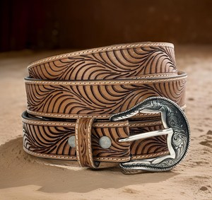 Western Style Embossed Leather Belt for Men Brown <b>Tooled</b> Floral Pattern Cowboy Waistband with <b>Engraved</b> Silver Buckle - Product Image 5