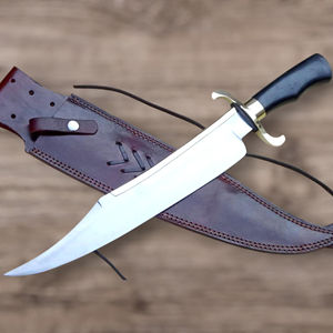 Cuchillo Bowie de Hoja Fija de Acero de Damasco con Punta Clip, Guarda de Latón Pulido, Mango Negro y Funda de Cuero, Personalizable OEM, ¡Venta Caliente! - Product Image 2