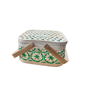 Unique Wedding <b>Gift</b> Basket Square Bamboo <b>Box</b> Dual Handles Straw <b>Hamper</b> Luxury Green White Anniversary Present Packaging <b>Gift</b> - Product Image 1