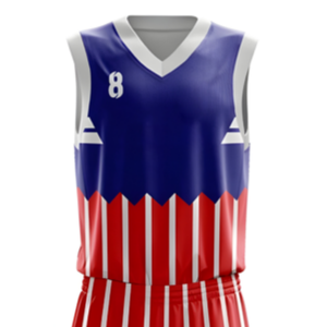 Ensemble d'uniformes de basketball personnalisés pour hommes, bleu, rouge et blanc, maillot sans manches à col en V, short à rayures, nom et numéro de l'équipe, kits en gros - Product Image 4