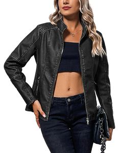 <b>Women</b> Faux Leather Motorcycle Coat Stand Collar Soft Lining <b>Spring</b> Fall <b>Jacket</b> OEM Manufacturer - Product Image 1