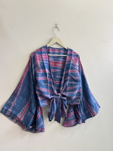 Chemisier en soie en gros pour femmes, 100% soie crêpe, tie-dye, style rétro, haut de plage, haut en soie à nouer devant - Product Image 4