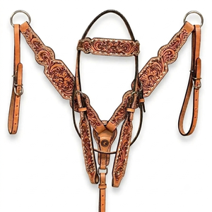 Manufacturer Handcrafted <b>Leather</b> Headstall & Breast Collar Set <b>Tooled</b> Design with Turquoise Accents Durable Western Horse Tack - Product Image 2