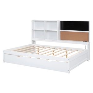 Cama nido de tamaño completo con estantes de almacenamiento, pizarra y tablero de corcho, puertos USB, cama nido individual para niños en blanco y negro - Product Image 4