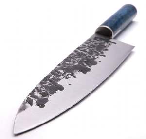 Outil de cuisine artisanal de style japonais martelé à la main avec manche en bois stabilisé bleu - Product Image 3