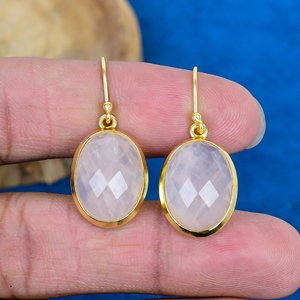 Natural Rose Quartz Oval Shape Gemstone <b>Dangle</b> Hook <b>Earring</b> 18k Gold Plated Over 925 Sterling <b>Silver</b> Finish - Product Image 2