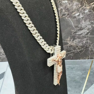 Luxury Iced Out Cuban Link <b>Chain</b> with Jesus <b>Cross</b> Pendant VVS Moissanite Diamond Hip Hop Necklace for Men Unisex - Product Image 3
