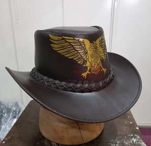 Sombrero de Vaquero de Cuero Marrón con Grabado de Águila Dorada, Ala Ancha, Banda Trenzada, Estilo Country Rodeo para Hombre - Product Image 6