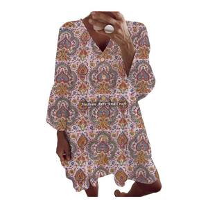 Robe Tunique en Coton Imprimé au Bloc, Robe Printemps-Été Designer, Robe Bohème Hippie Décontractée pour Femme - Product Image 6