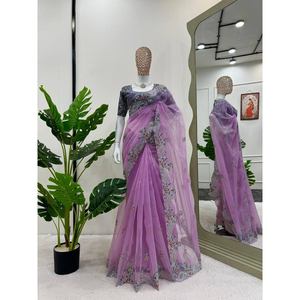 DESIGNER ORGANZA THREAD SEQUENCE WORK SAREE WITH UNSTITCHED BLOUSE PINK - Product Image 1