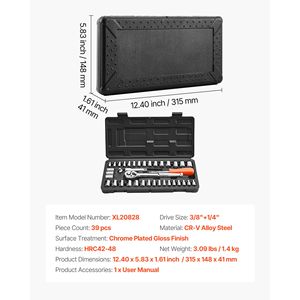 Set di Chiavi a Bussola da 39 Pezzi con Attacco da 3/8 e 1/4 di Pollice, Misure SAE e Metriche, Kit di Utensili Meccanici con Chiave a Cricchetto per Uso Professionale - Product Image 5