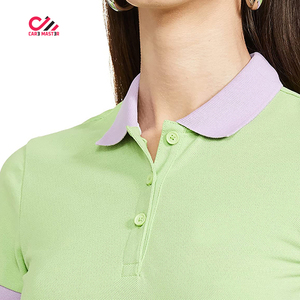 Polo à manches courtes pour femme, couleur unie, tricoté, style décontracté avec bordure et col à carreaux à l'intérieur - Product Image 6