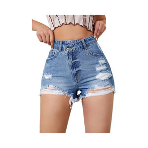 Shorts en jean taille haute déchirés avec ourlet effiloché et poches, style décontracté pour femme, bleu clair, coton, design cinq poches - Product Image 3