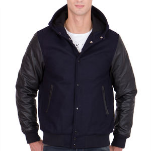 Veste universitaire bleu marine pour homme avec manches en similicuir noir, veste bomber à capuche, veste de sport, vêtement d'extérieur décontracté et chaud pour l'hiver, manteau élégant - Product Image 1
