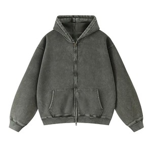 Sweat à capuche unisexe gris uni décontracté à fermeture éclair, manches longues avec poches, style streetwear, effet délavé, le plus vendu, ODM - Product Image 1