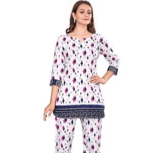 Ensemble coordonné élégant pour femmes, imprimé floral blanc, ensemble de vêtements de détente en poly-rayonne durable, 2 pièces, respirant, col rond, pour femmes - Product Image 1