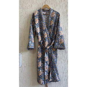 Peignoir long kimono en coton gaufré imprimé à la main bleu beige pour femmes et hommes, vente en gros personnalisée B2B, compressé, Jaipur - Product Image 1