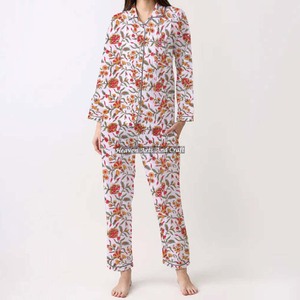 Pijama de algodón con estampado de bloque de mano, traje de noche Kurti primavera/verano Floral/personaje/letra/patrón/vacaciones/patrón de árbol de coco - Product Image 4