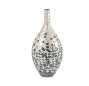 Vase en mosaïque de coquillages fait main, incrustation irrégulière de nacre, haut, bleu et blanc, décoration de table, design contemporain écologique - Product Image 1
