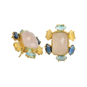 Boucles d'oreilles clous en quartz rose plaqué or 18 carats, laiton, pierres précieuses vintage, vente en gros - Product Image 6