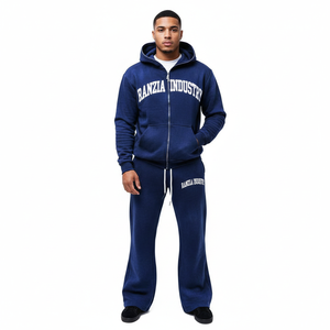 Sudadera con capucha y pantalones deportivos Ranzia personalizados de talla grande, ecológicos, con pedrería, cremallera completa, bordado desgastado y parches - Product Image 1