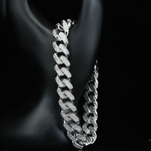925 Solid <b>Silver</b> Cuban Link Chain <b>Bracelet</b> 12mm & 17mm Wide 2-Row Free Fire Moissanite & Diamond Stylish <b>Bangles</b> - Product Image 6