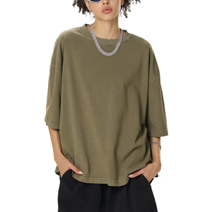 Unisex Boxy Cropped <b>T</b> shirt Heavy Cotton Ribbed Neck Blank Tee for Men Oversized Fit - Product Image 2