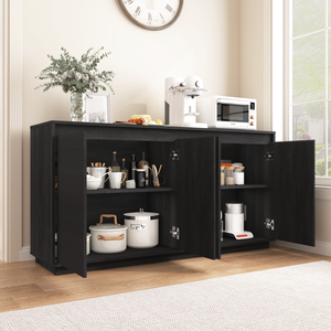 4-Door <b>Black</b> Wood <b>Sideboard</b> Buffet Cabinet with Power Outlet Wavy Vertical Texture Accent No Handle Design - Product Image 6