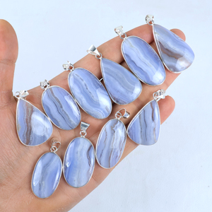 Pendentif en Agate Bleue Naturelle, Plaqué Argent Sterling 925, Bijou Géométrique en Pierre Précieuse, Vente en Gros, Fait Main, Tendance - Product Image 6