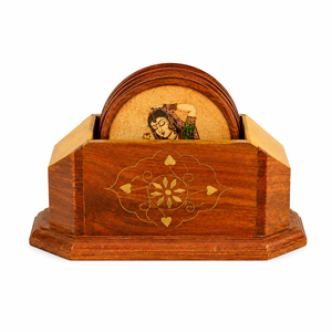 Handcrafted Wooden Tea <b>Coaster</b> Set | Indian Decorative Wood <b>Drink</b> <b>Coasters</b> with Holder - Product Image 3