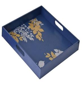 Plateau de service en bois Meena bleu floral fait main de luxe, plateau décoratif pour le thé et le café avec poignées - Product Image 1