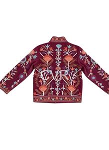 Veste florale brodée bordeaux avec col mandarin, manches longues, broderie à la main, style bohème pour adultes, tenue d'automne - Product Image 2