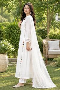 <b>White</b> Embroidered Long Sleeve Ethnic Cotton Kurta Set with Flared Hem V Neck <b>Sheer</b> Dupatta for Muslim Women Party Wear - Product Image 3
