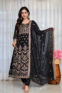 Ladies Embroidered <b>Top</b> Pant Dupatta Set Faux Blooming <b>Sequins</b> Zari Thread Moti Lace Designer Wedding Festive Party Ethnic Wear - Product Image 4