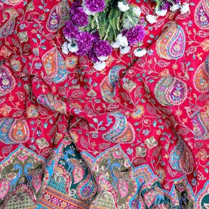 Majestic Lightweight Indian Ethnic Crimson <b>Red</b> Paisley Peacock Daman 54 Inches Crepe Fabric Shimmering <b>Sequin</b> Detail Bridal - Product Image 5
