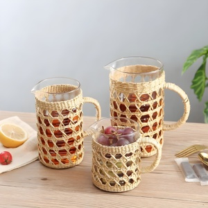Ensemble de couvercles pour tasses en verre et de supports pour pichets en paille de jonc de mer tressée, avec poignée, pour gobelets en raphia naturel - Product Image 4