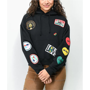 Sweat-shirt à capuche noir pour femme avec patchs brodés, appliqué, décontracté, manches longues, en coton tricoté, pour l'automne - Product Image 2