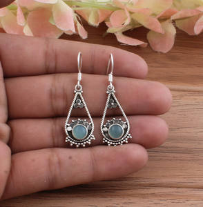 Boucles d'oreilles pendantes en calcédoine aqua naturelle, argent sterling 925, pierre précieuse bleue, femmes, véritable luxe, mariage, vente en gros - Product Image 1