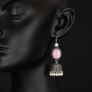 Pendientes Colgantes de Plata Tibetana con Cabujón Ovalado Rosa y Perla de Imitación, Joyería Vintage para Mujer - Product Image 1