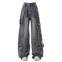 Pantalon cargo en denim délavé à taille haute et coupe ample avec plusieurs poches, style streetwear, longueur intégrale, pour femme