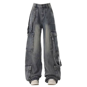 Pantalon cargo en denim délavé à taille haute et coupe ample avec plusieurs poches, style streetwear, longueur intégrale, pour femme - Product Image 1