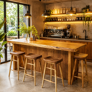 Modern Rustic Solid Suar Wood Jepara Artisan Commercial Bar <b>Stool</b> Durable Curved Seat Counter <b>Dining</b> Farmhouse Home Bar Hotel - Product Image 6