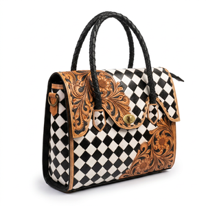 2026 New Arrival High Women's 100% Genuine <b>Leather</b> Tote Bag Floral <b>Tooled</b> Pattern Vintage Style Checkered Design All Seasons Use - Product Image 2