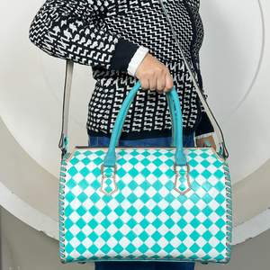 Premium Large Hand Tooled Leather Speedy <b>Bag</b> with Turquoise & White Checkered Pattern Crossbody <b>Travel</b> <b>Duffel</b> <b>Bag</b> for Women's - Product Image 4
