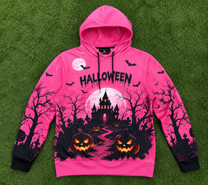 Sweat à capuche unisexe personnalisé 3D rose Halloween Maison Hantée Citrouille, pull à sublimation, streetwear gothique en polyester - Product Image 6