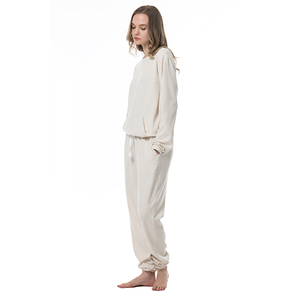 Conjunto de Pijama de Dos Piezas de Punto Crema para Mujer, Manga Larga, Cuello Redondo, Corte Holgado, Ropa Casual, Color Sólido, Transpirable, para Todas las Temporadas - Product Image 2