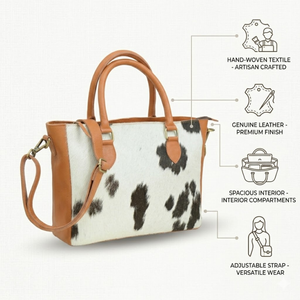 Genuine Cowhide Leather Satchel <b>Bag</b> | Black & <b>White</b> Hair-On Western Handbag for Women, Premium Leather Shoulder & Crossbody <b>Bag</b> - Product Image 5