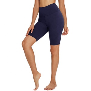 Shorts de cycliste pour femme taille haute bleu marine en toile, élasthanne et nylon tricoté, coupe sportive, taille élastique, séchage rapide, respirant, coupe classique - Product Image 1